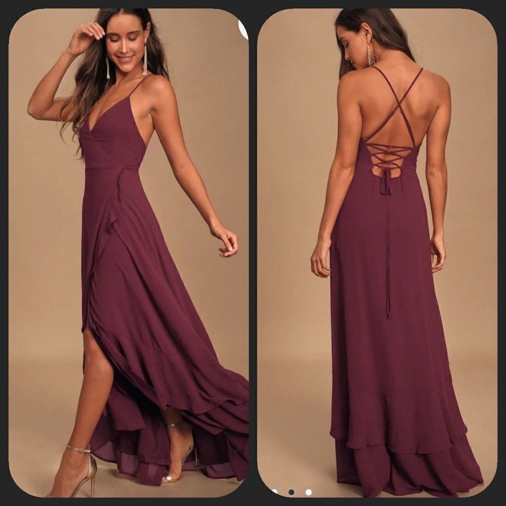 Lulu's Dress In Love Forever Burgundy Lace-Up High-Low Maxi